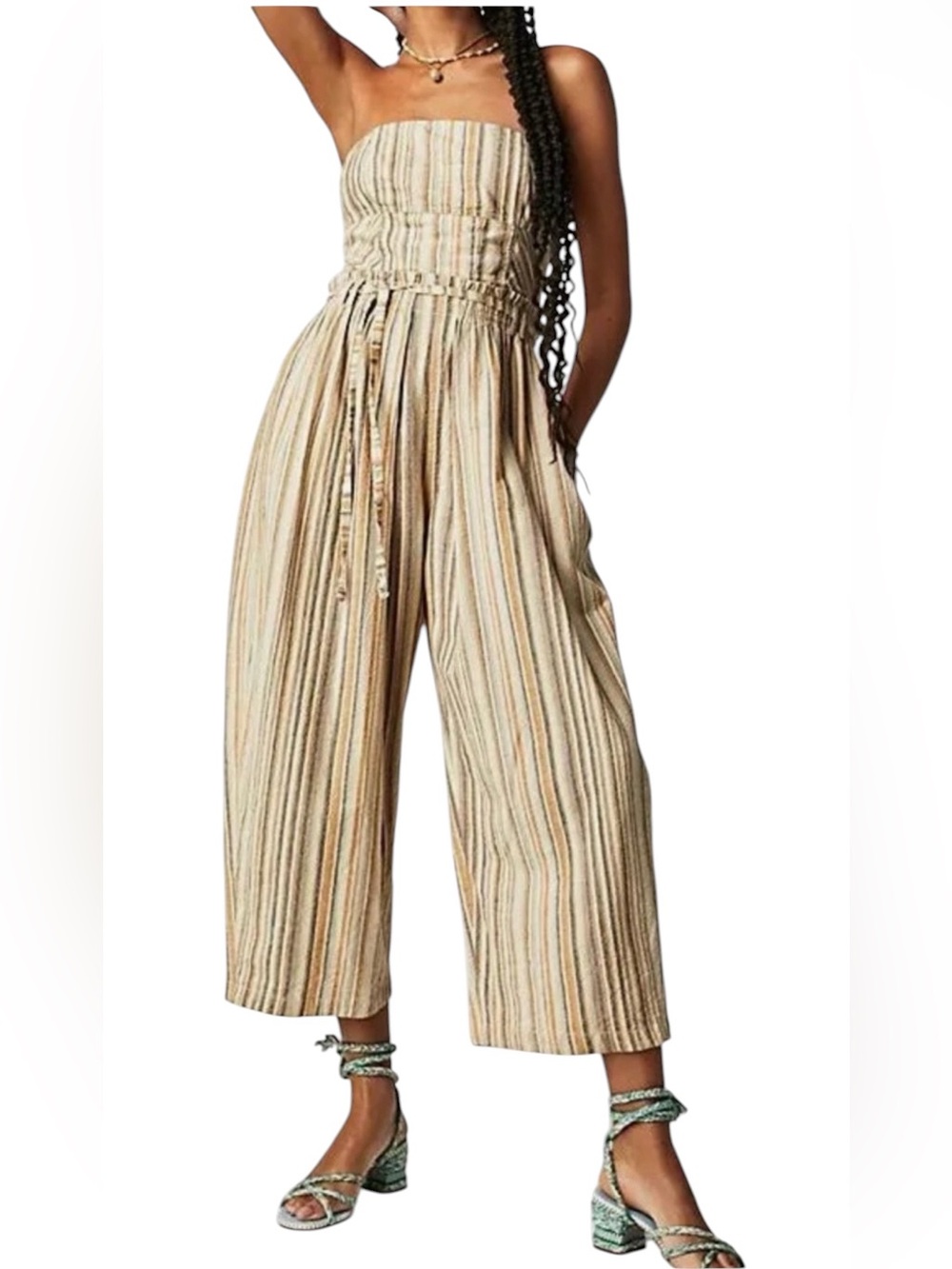 Free People Roaming Shores Jumpsuit Boho Strapless Smocked Neutral Size Small